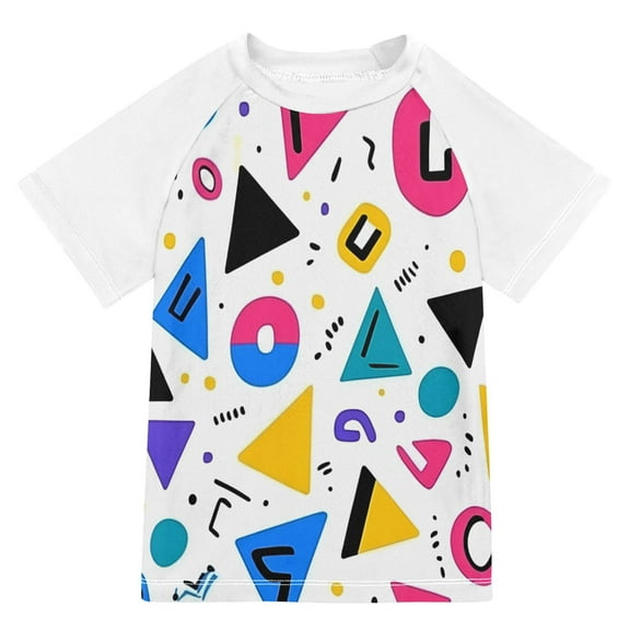 FORMRS Boys Rash Guard with Short Sleeves UPF 50 Swim Shirts Sizes 3-12T, Yellow Retro Shapes