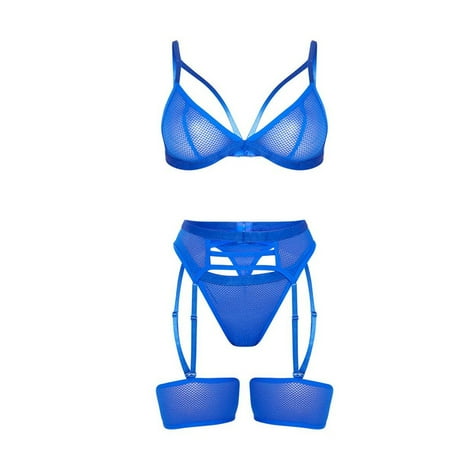 Fadeal Mesh Bra and Panty Set New Fashion Lace Underwear Sleepwear Wireless Pajamas Garter Stockings and Garter Belt Set Blue 3XL