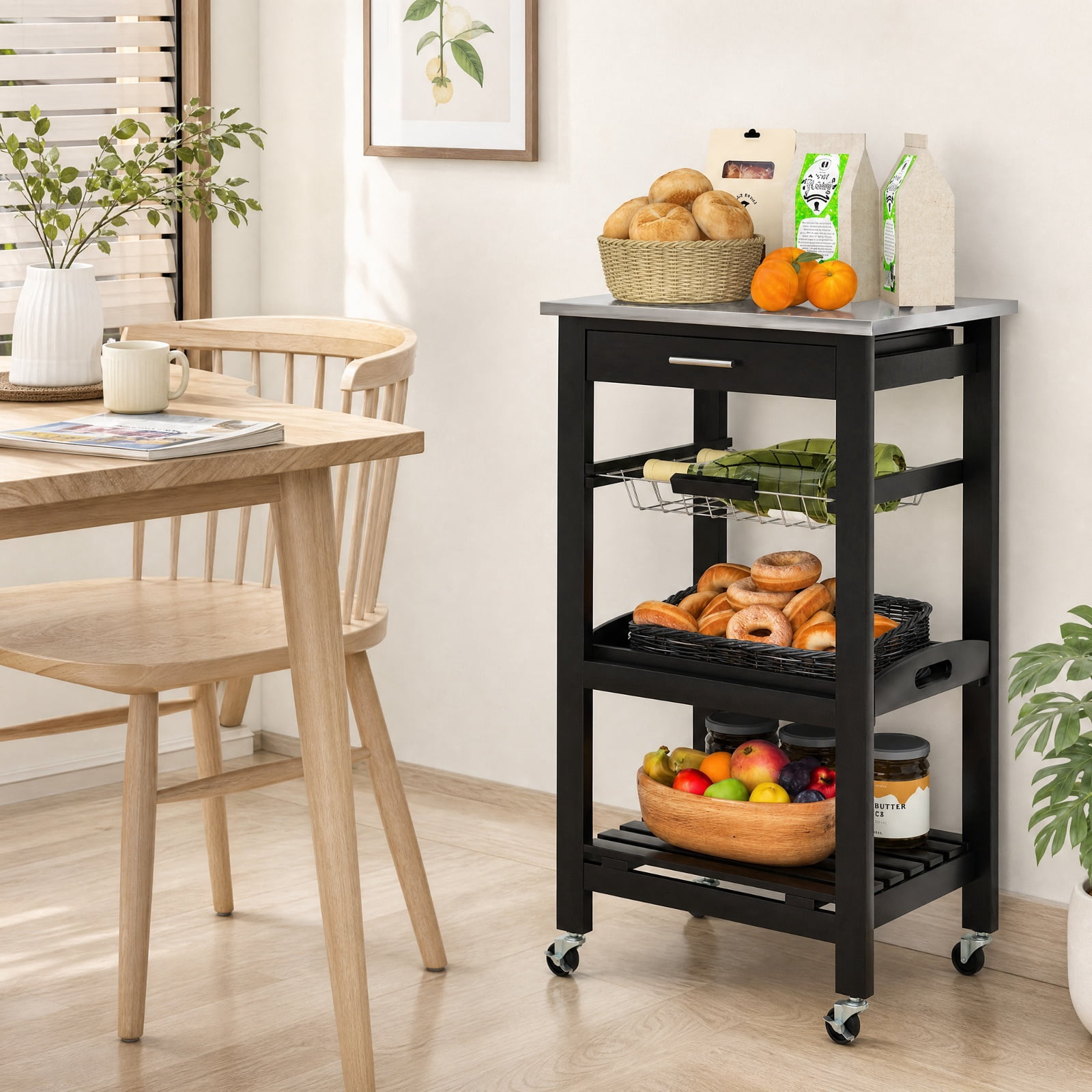 Furnibear Kitchen Island Cart on Wheels with Stainless Steel Tabletop Storage Drawer Wire Basket and Bottom Shelf for Small Kitchens, Black