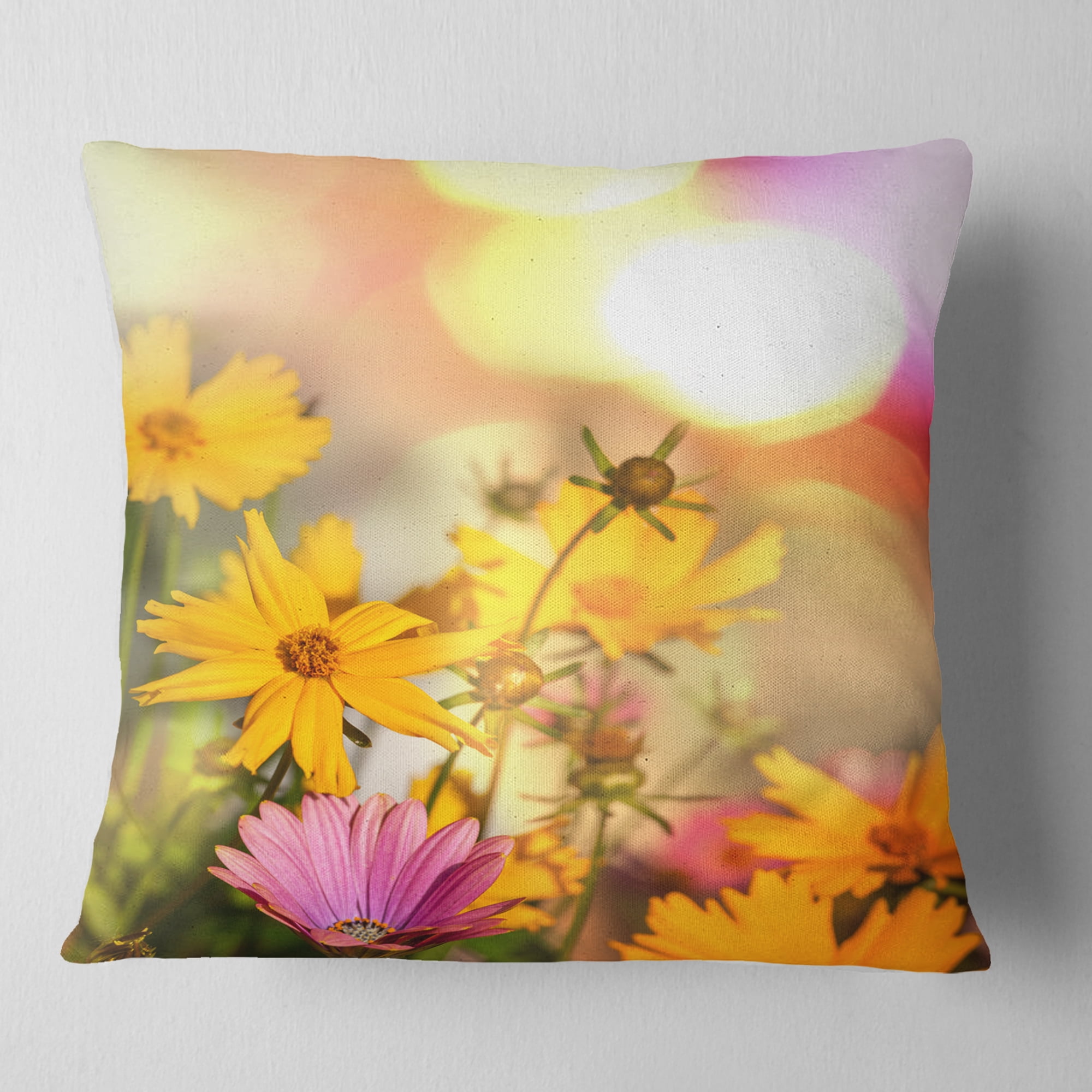 Designart Blooming Yellow and Pink Flowers - Floral Throw Pillow - 16x16