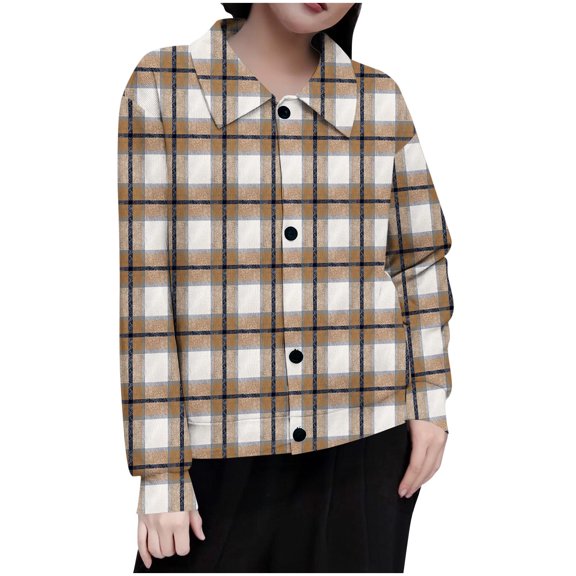 Lopecy-Sta Women's Plaid Tweed Jacket Elegant Short Button Down Blazer Coat Casual Long Sleeve Round Neck Outerwear for Office and Daily Wear