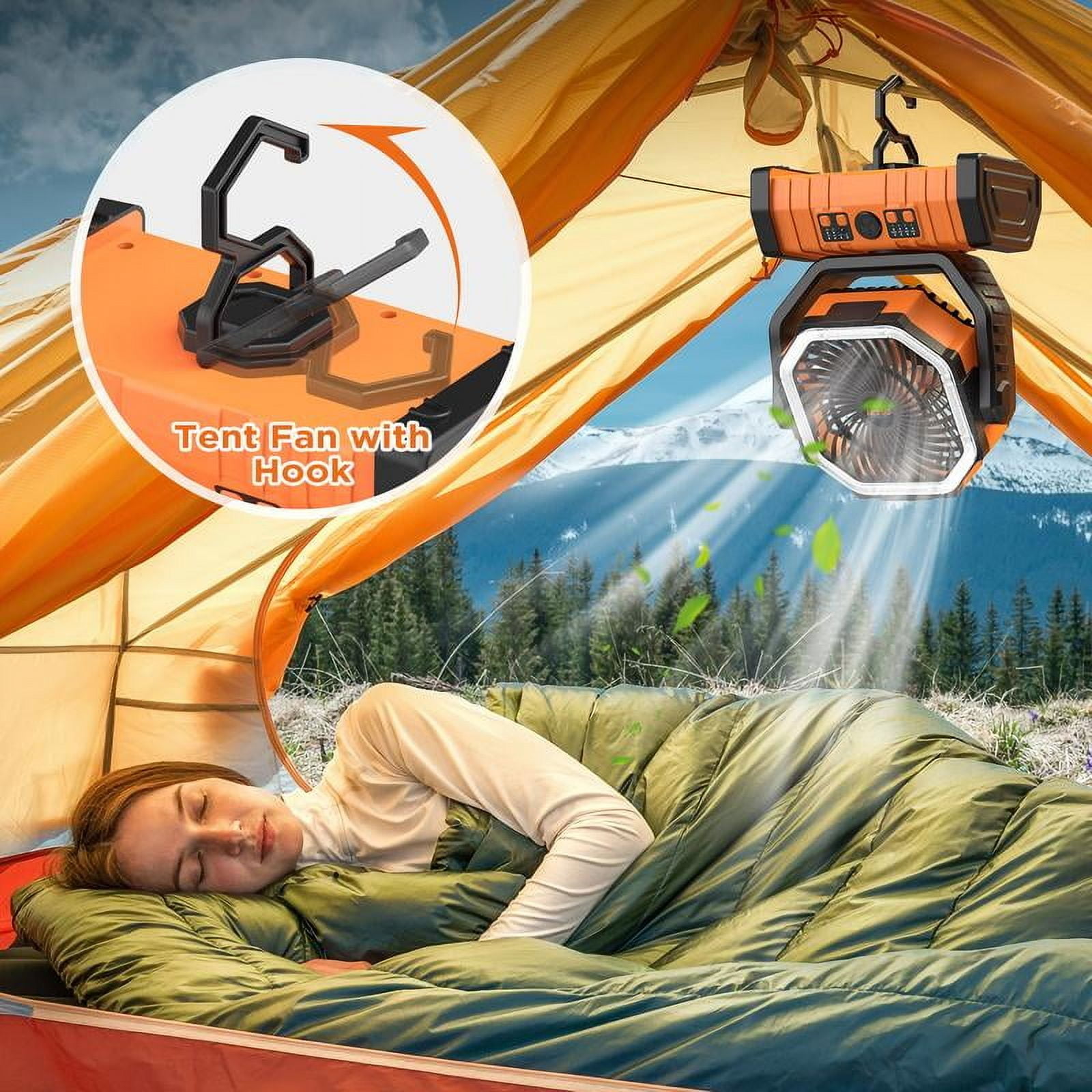20000mAh Rechargeable Camping Fan with LED Light, Portable Multi-functional Fan with 360° Rotating Hook, Oscillating Emergency Camping Fan