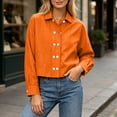 thumbnail image 2 of KICILVS Cropped Button Down Shirts for Women Collared Long Sleeve Plain Blouse Casual Trendy Tops Cute Fall Outfits Women Orange, S, 2 of 6