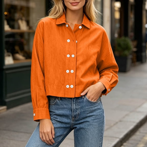 Tusihei Women Long Sleeve Button Down Blouses Dressy Casual Open Front Lapel Collar Shirt Loose Fitted Casual Work Office Wear, Orange M