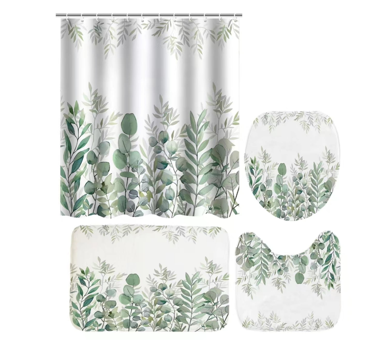 Sage Green Eucalyptus Shower Curtain and Bath Rug Set 4 Pcs Fabric Floral Bathroom Curtain Set Decor 72x72 inches