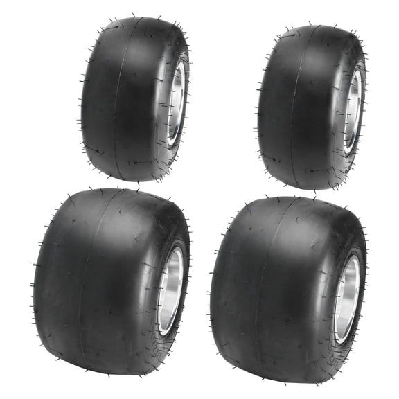 Complete Racing Go Kart Wheel and Tire Combo- 5" Slick Tires Front 10x4.50-5 and Rear 11x7.10-5 with Aluminum Rims 3 Bolt Pattern for Karting ATV Quad Dolly Cart and Drift Trike