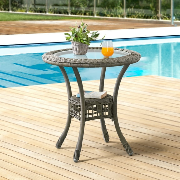 Carolina 30" Diameter All-Weather Wicker Bistro Dining Table with Glass Top