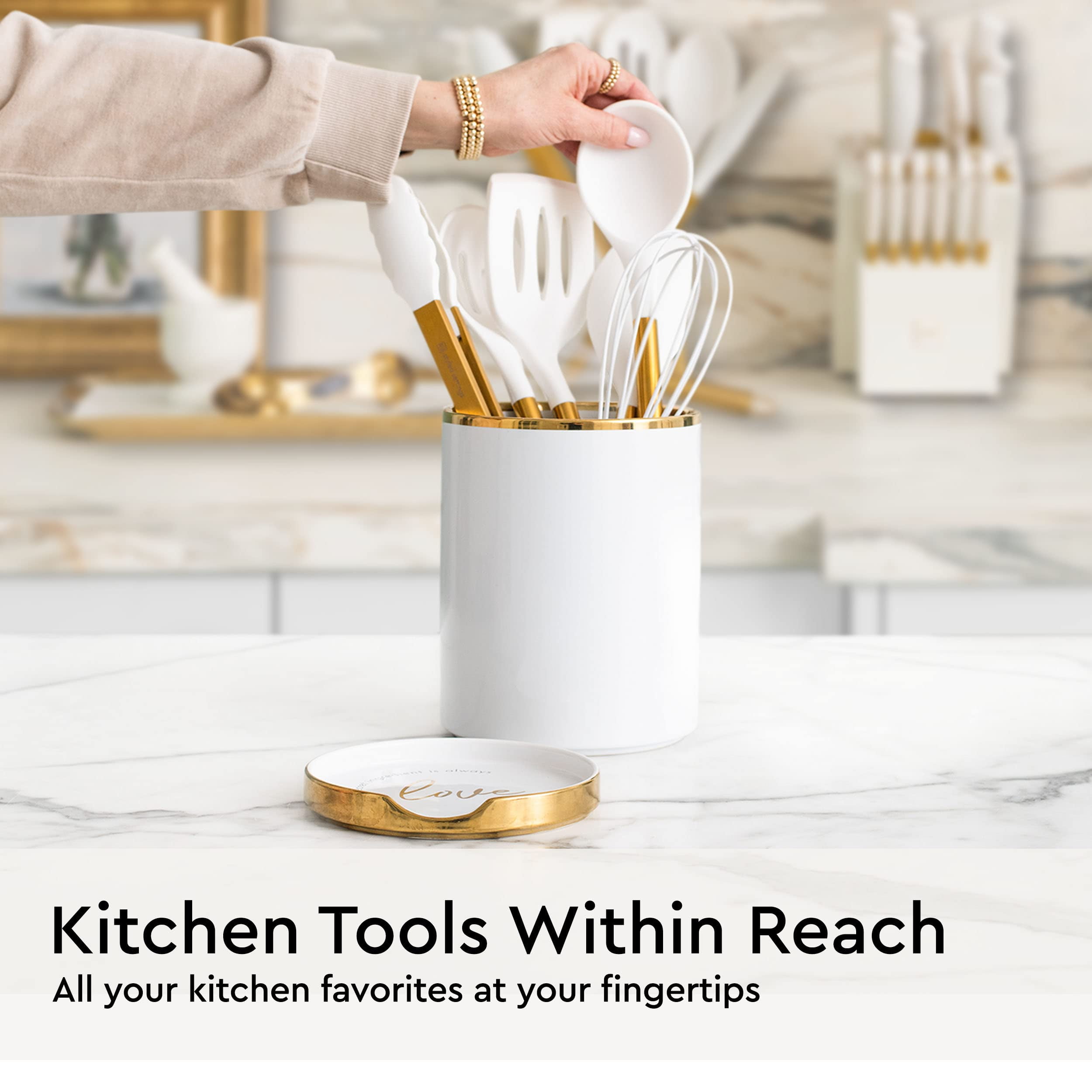 White Utensil Holder with Built-In Ceramic Spoon Rest - 2 PC Luxe White & Gold Utensil Holder for Countertop Includes Large Utensil Holder & White and Gold Spoon Rest - Utensils Not Included