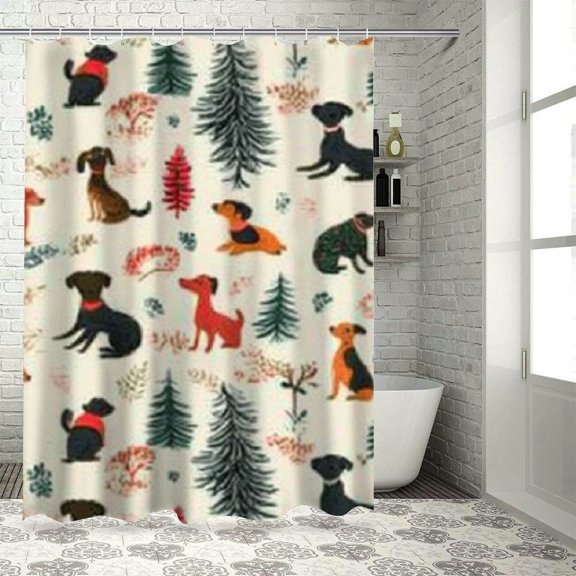Autua Dogs Trees Pattern Shower Curtain Set with Hooks 100% Polyester 36"x72