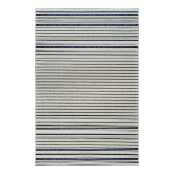 4' X 6' Blue and Cream Striped Distressed Indoor Outdoor Area Rug