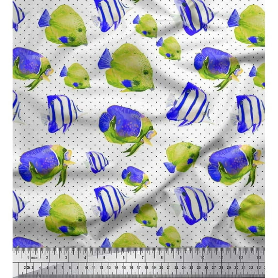 Soimoi Velvet Fabric Dot & Fish Ocean Print Fabric by The Yard 58 Inch Wide