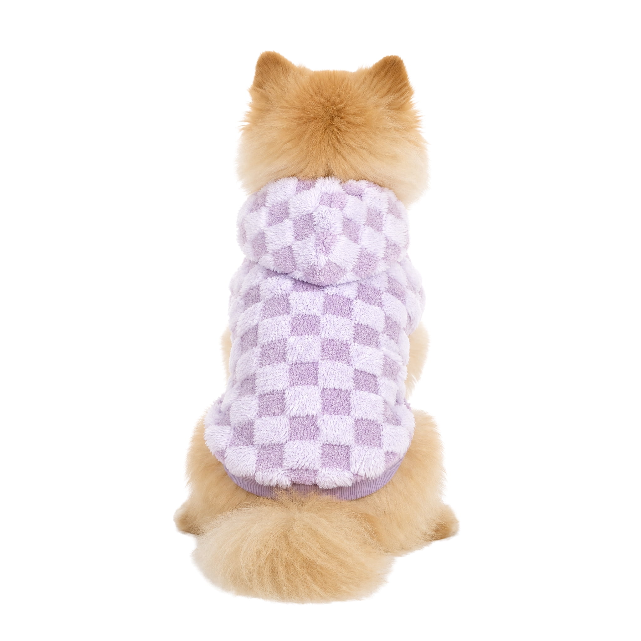 Oodles Checkerboard Fall Sherpa Dog Hoodie, Purple, Small