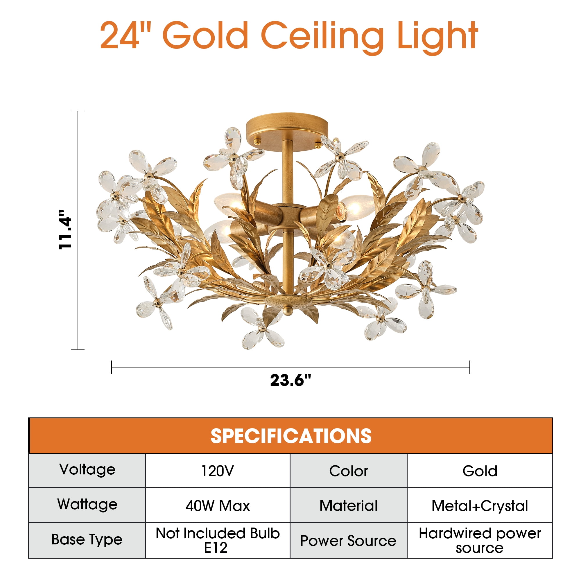24" Antique Gold 4-Light Dimmable Crystal Semi-Flush Mount Ceiling Light, Distressed Gold Leaf Design with Crystal Flowers, for Living Room, Bedroom, Dining Room