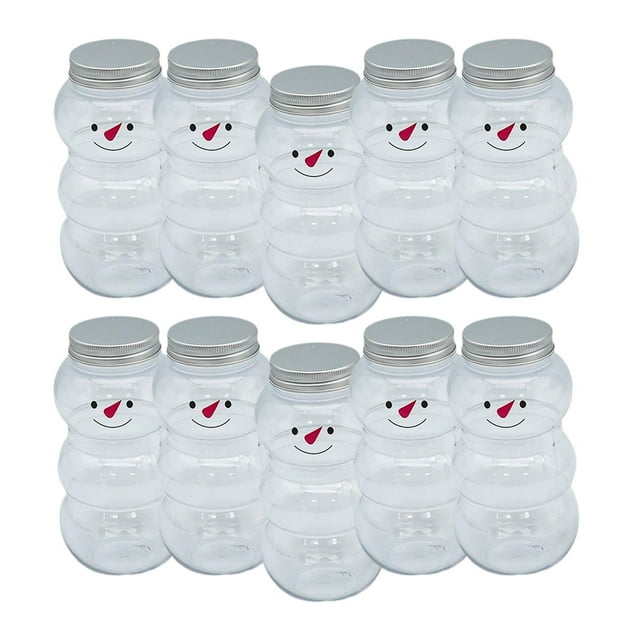 10x Bouteilles de Jus Snowman Ornement de Noël 500 ml pour les Fêtes et la Randonnée. Ces Bouteilles Transparentes Ont la Forme de Bonshommes de Neige avec des Visages Souriants, Dotées de Couvercles Vissés Argentés. Fabriquées en Matériau PP durable, Chaque Bouteille Mesure 15 cm de Hauteur et 7,8 cm de Diamètre, avec une Ouverture de Bouche de 5,3 cm. Idéales pour Ranger des Boissons comme le Jus, le Lait Ou l'Eau, Elles Conviennent aux Cuisines Domestiques, au camping en Plein Air et aux Festivités des Fêtes.