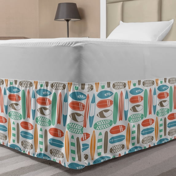 Surfboard Bed Skirt, Colorful Surfing Sea Pattern Summer Travel Illustration in Retro Colors, Elastic Bedskirt Dust Ruffle Wrap Around for Bedding Decor, 4 Sizes, Multicolor, by Ambesonne