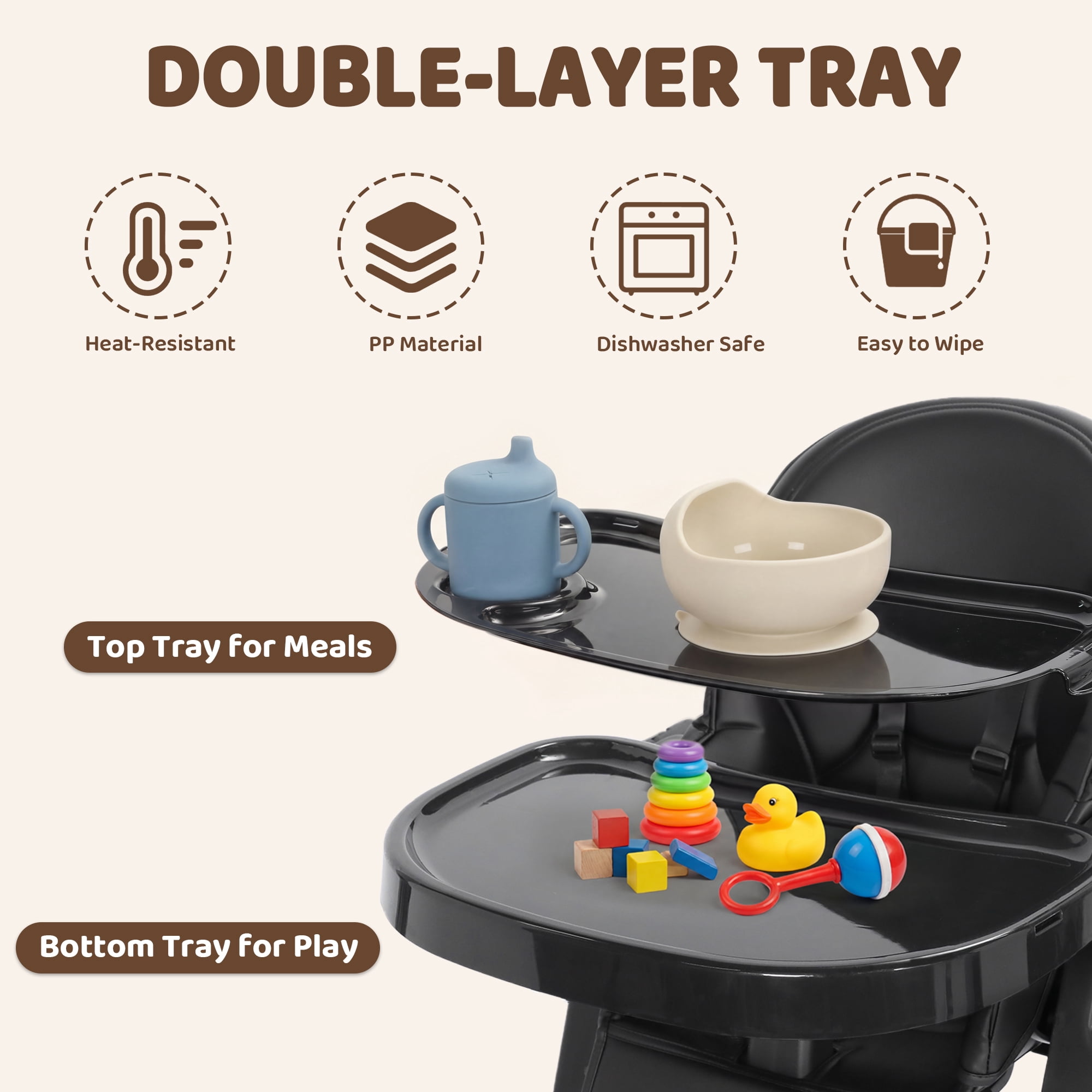 AILEEKISS Foldable High Chair for Baby, Toddler Eating Chair with Detachable Double Trays, Black