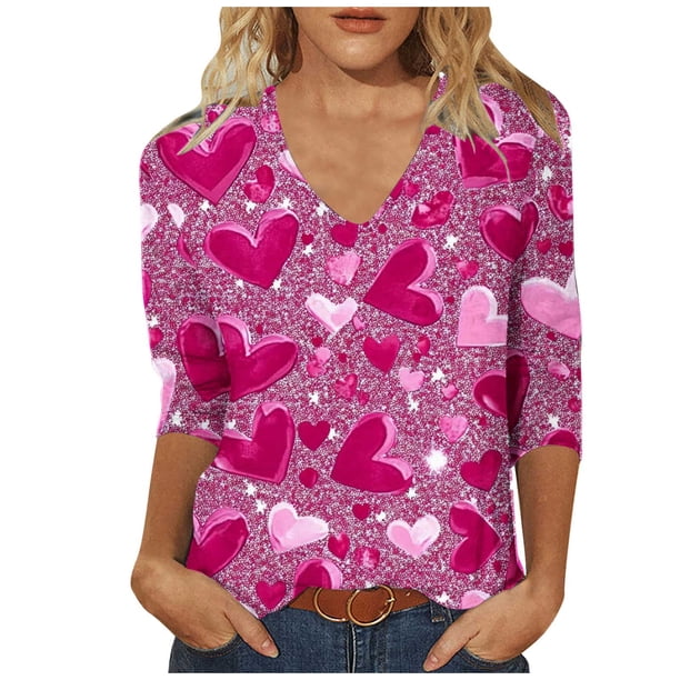 Camiseta Suelta de Manga Larga con Cuello en V de Tres Cuartos de Manga con Poliéster Suave, Blusa Cómoda para el Uso Diario en Casa O en el Trabajo, Camiseta de Manga Larga de las Mujeres