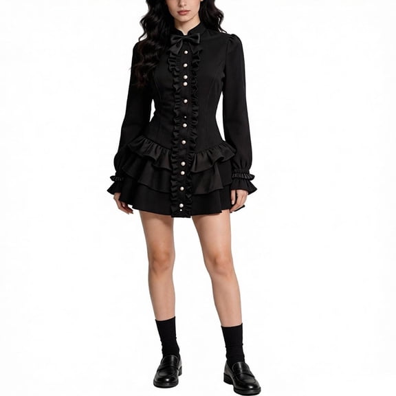 NordicNest Womens Gothic Dress for Halloween Party Slim Fit Hight Neck Long Sleeve Layered Skirt Black,XS