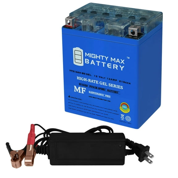 YTX14AH GEL Battery Replaces Yamaha 400/350cc 97-14   12V 2Amp Chargr