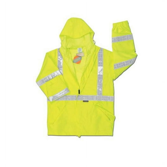 MCR Safety Fluorescent Lime Luminator Polyester And Polyurethane Jacket With Attached Hood And Hi Viz Stripes