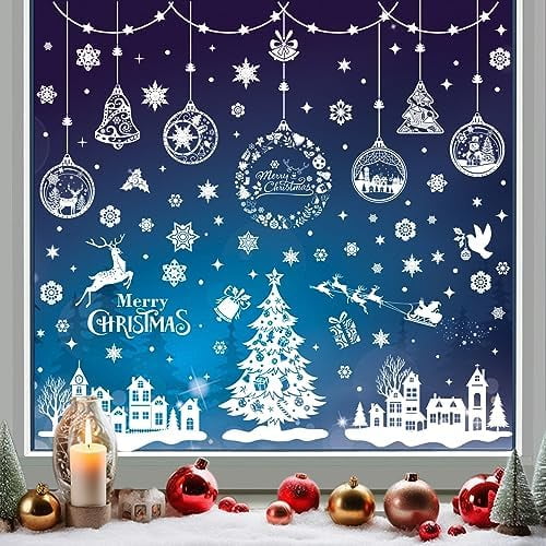 Christmas Window Clings,155pcs Christmas Snowflake Stickers for Glass, 2024 Most Popular Holiday Snowflake Decals for Christmas Party New Year Supplies