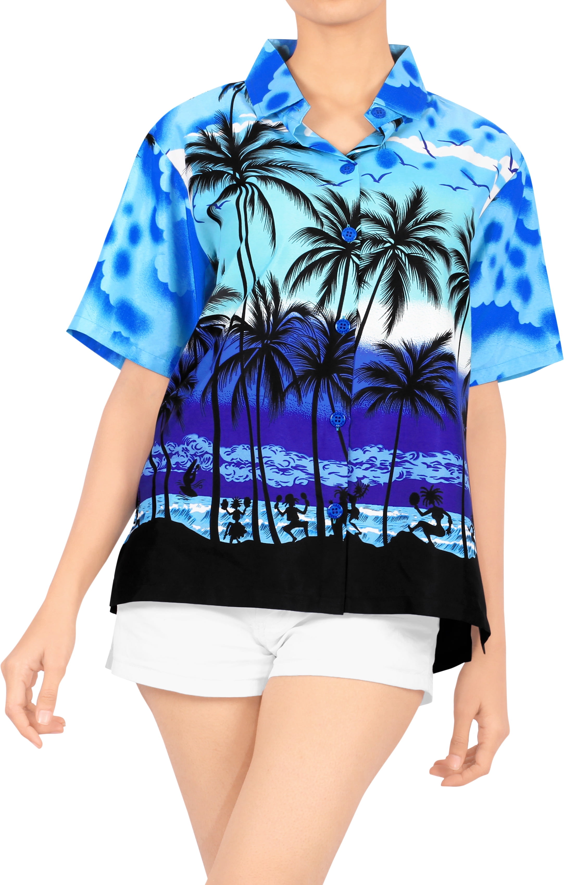 LA LEELA - HAPPY BAY Women's Relaxed Cute Hawaiian Shirt Tunic Loose Blouse Tops L Blue_W961 