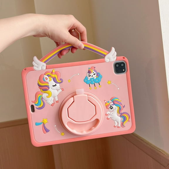 Cartoon Cute Kids Tablet Case For iPad Mini 1 2 3 4 5 6 7 Air 11 6 Pro 10.2 10.9 inch iPad Air 11inch M3 (2025) Silicone Colorful Unicorn Rotate Bracket Tablet Cover