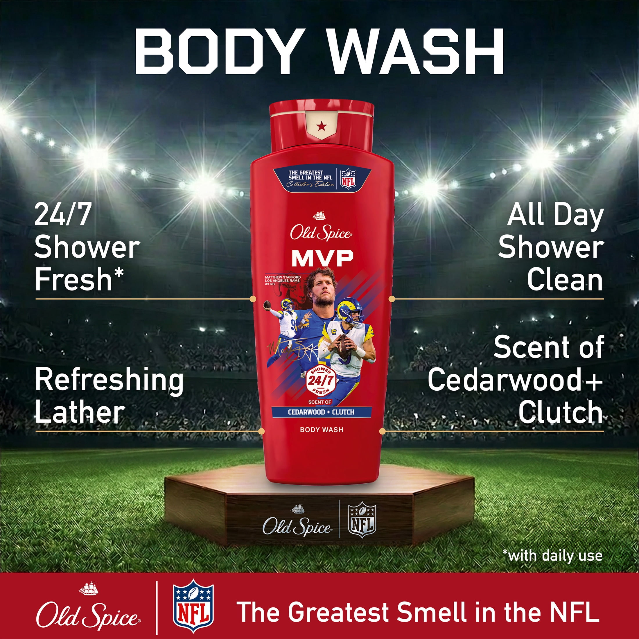 Old Spice Body Wash for Men, NFL Collection, Matthew Stafford, Scent of Cedarwood + Clutch, 24 fl oz