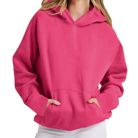 BLTIBY Womens Long Sleeve Sweatshirts Hoodies Spring Fall Solid Color Jacket Top Fashion Comfortable Blouse with Pockets Hot Pink XL