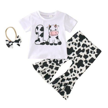 

Toddler Girls Short Sleeve Cartoon Dairy Cow Printed T Shirt Pullover Tops Bell Bottoms Pants Kids Outfits Long Sleeves Teen Girls