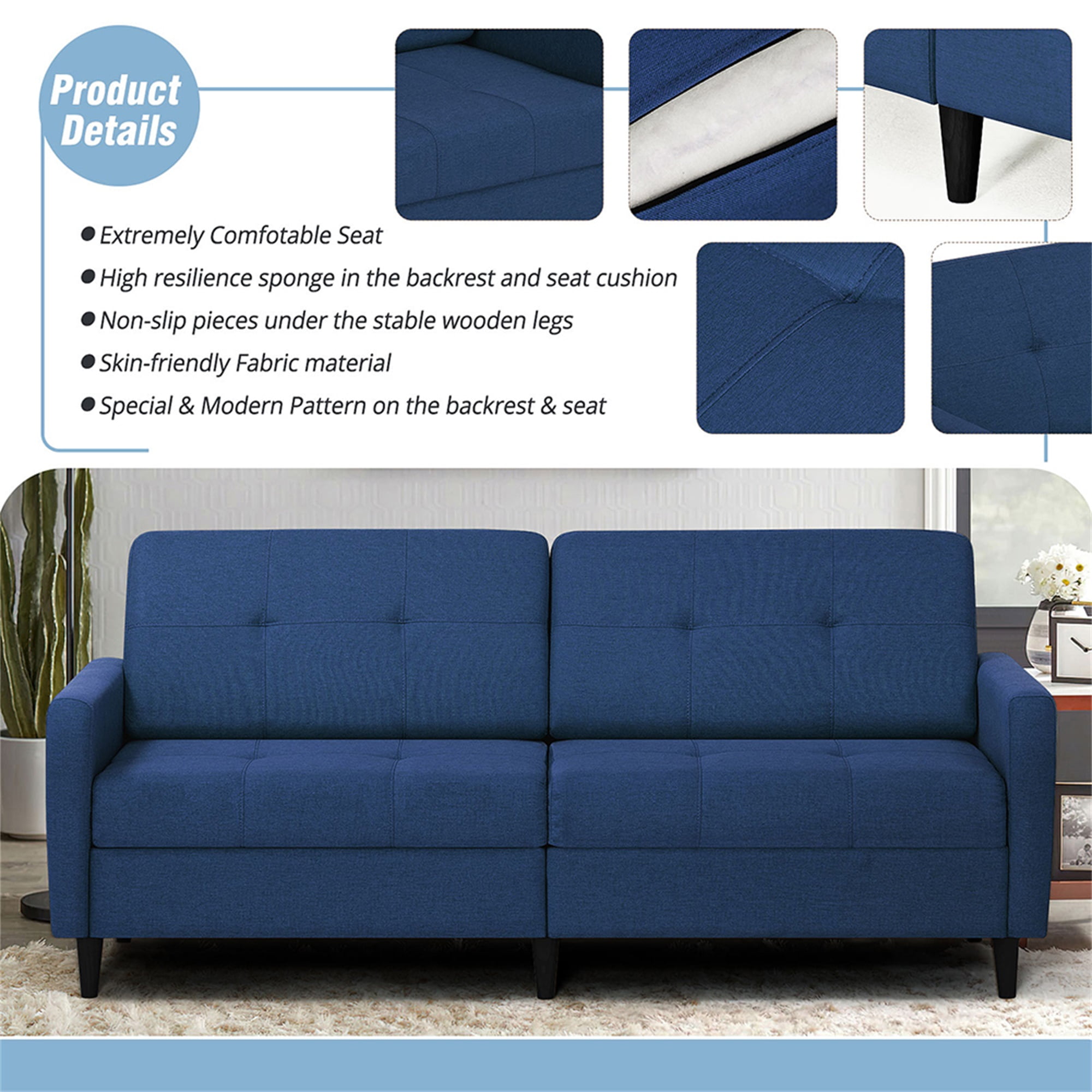 Kadyn Loveseat Sofa Bed, Mordern Convertible Sofa with Adjustable Backrest and Wooden Legs, 2-Seat Couch for Bedroom, Blue