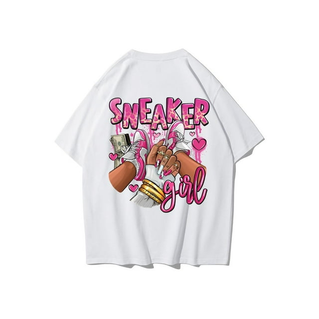 Pink Sneaker Girl Graphic Tees Women's Casual Crew Neck Cotton Dropped Shoulder Short Sleeve T-shirt The pattern on the back Summer Loose and Comfortable Streetwear Tops Country Concert outfits