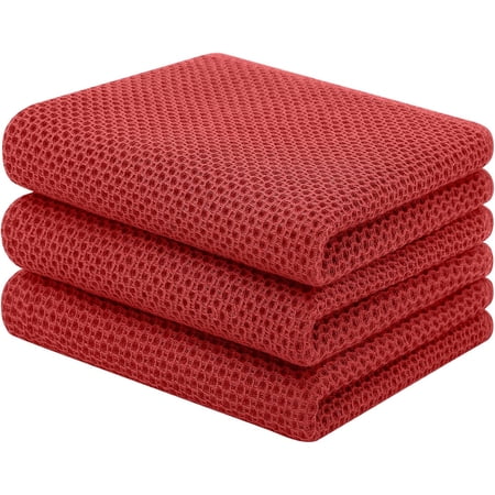 FRKSMD-100% Cotton Waffle Weave Kitchen Towels 3-Pack Ultra Soft Absorbent Dish Towels Quick Drying Cleaning Towels 13 x 28 Inches Brick Red