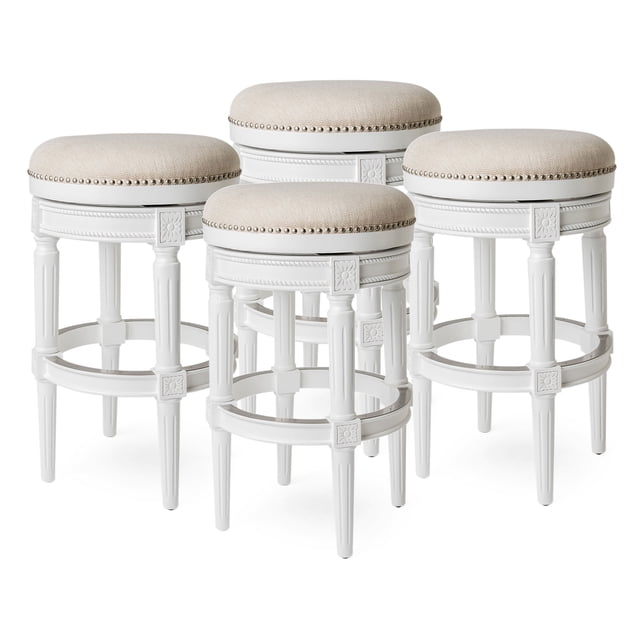 Maven Lane Pullman Backless Bar Stool in Alabaster White Finish w/ Cream Fabric Upholstery, Set of 4