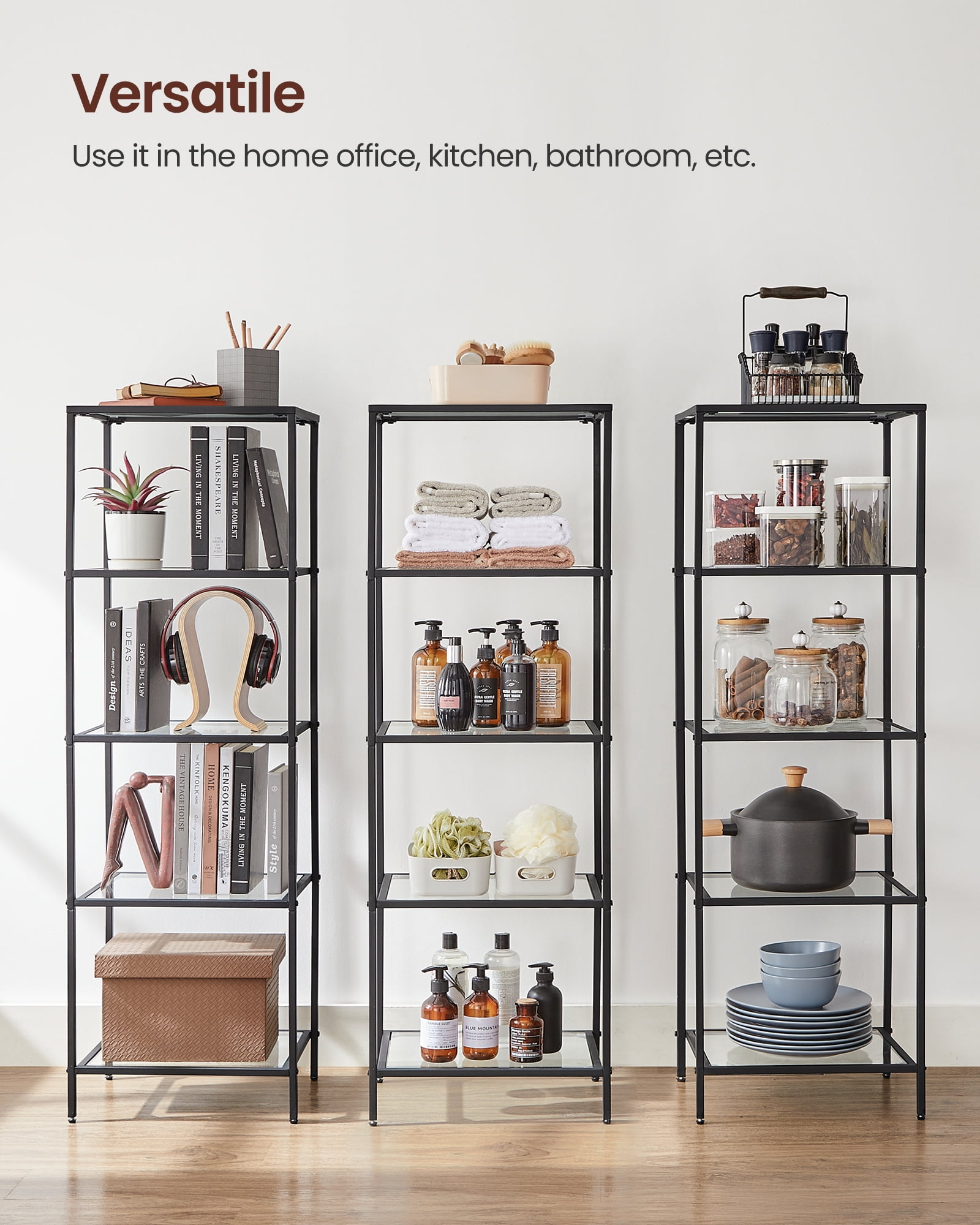 5-Tier Slim Bookshelf with Tempered Glass Shelves, Gold Steel Frame Narrow Shelving Unit, for Office Bathroom Bedroom, Ink Black