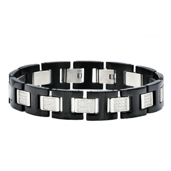 Arista Cubic Zirconia studded Men's Bracelet in Black Plated Solid Stainless Steel, 8.5"