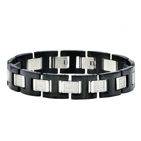 Arista Cubic Zirconia studded Men's Bracelet in Black Plated Solid Stainless Steel, 8.5"