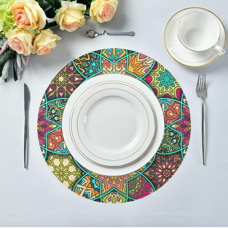 

Hidove Vintage Mandala Elements Round Placemats 6pcs Non Slip Heat Resistant Washable Table Mats for Kitchen Dining Table Decoration 15.4