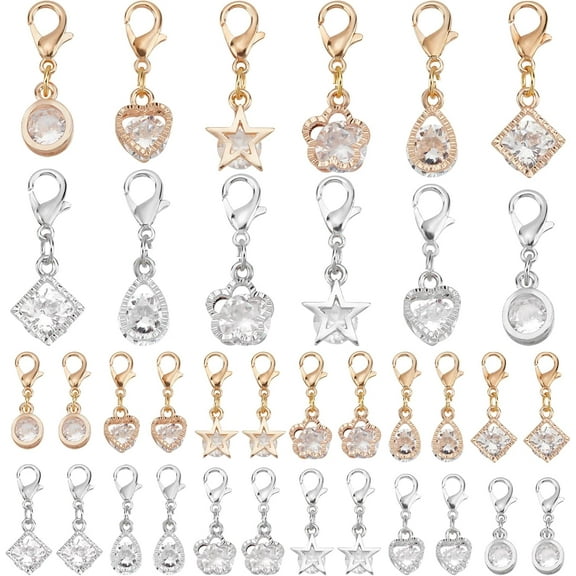 48pcs Cubic Zirconia Pendant Charm with Lobster Dangle 6 Styles Alloy Rhinestone Charm Clip on Pendant Charms for Keychain Necklace Earring Jewelry DIY Crafts Golden/Platinum Clear