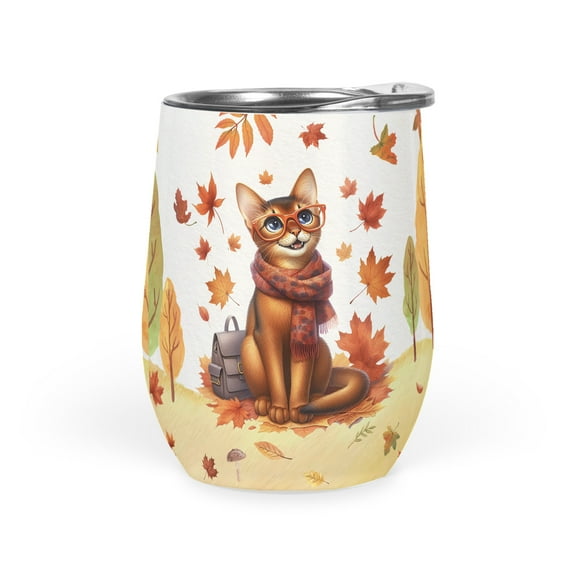 Welcome Fall Abyssinian Enjoys School Time Autumn Fall Leaves 12oz Stainless Steel Wine Tumbler Insulated Cup with Lid Cat Lover Kitten Owner Gifts - 02013