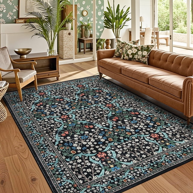 Garvee 6x9 Floral Area Rug Living Room Rug, Washable Rugs Non Slip Stain Resistant Soft Indoor Printed Rug Carpets, Low Pile Floor Mats for Bedroom Dining Room Home Office, Black