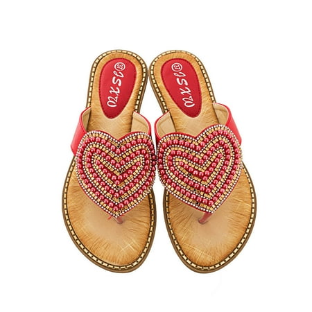 

Dpityserensio Womens Summer Sandals Casual Round Head Comfy Slippers Rhinestone Beach Casual Shoes Red 8.5(41)