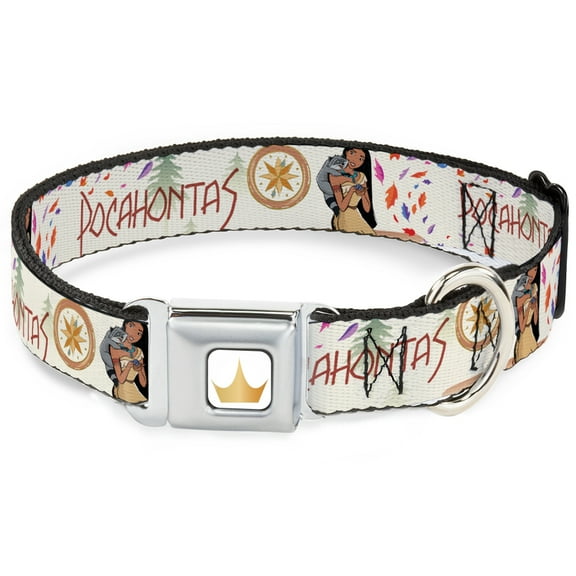 Disney Pet Collar, Dog Collar Metal Seatbelt Buckle, Pocahontas and Meeko Compass with Script and Leaves Beige, 9.5 to 13 Inches 1.0 Inch Wide