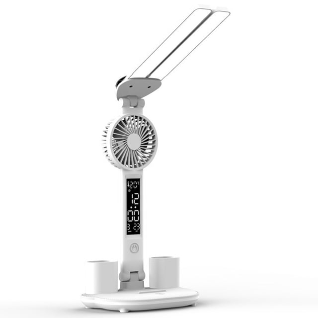 Lámpara Escritorio LED Doble Cabezal Ventilador Calendario Reloj Pantalla Recargable Por USB (23000mAh)