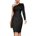thumbnail image 5 of Women's Sexy One Shoulder Long Sleeve Sequin Sparkle Dress Ruched Evening Gown Midi Formal Dresses, 5 of 9