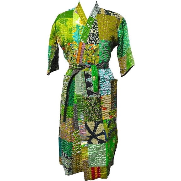 Vintage Silk sari kantha Kimono Robes lover recycled dressing gowns Woman Patchwork Jacket kimono robe gift Green