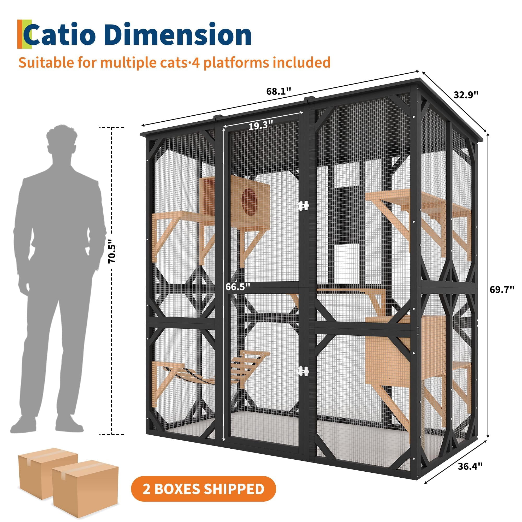70 inch Walk-in Catio with Window Access, Extra Large Outdoor Cat Enclosure for Multiple Cats, Waterproof Roof Cattery with Bridge and Scratching Post Outside Cat Patio Playpen（ship in 2 boxes）