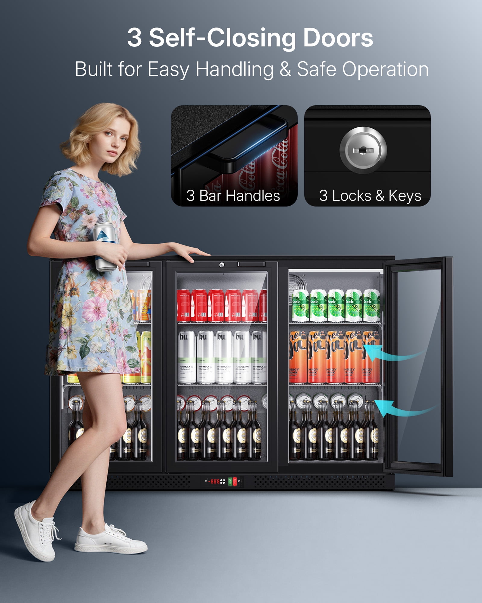 Upstreman 11.4 Cu.Ft Wine and Beverage Refrigerator, Three Zone Wine Cooler Beverage Fridge 3 Glass Door Commercial Refrigerator, 112 Bottles and 328 Cans, BB114