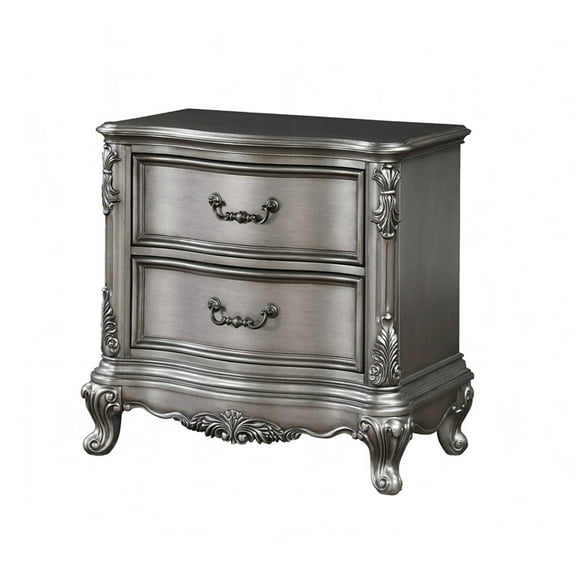 Antique Silver Nightstand With 2 Drawers - Soft Atmosphere, Construction Platinum Wooden Drawers, & Sophisticated Atmosphere