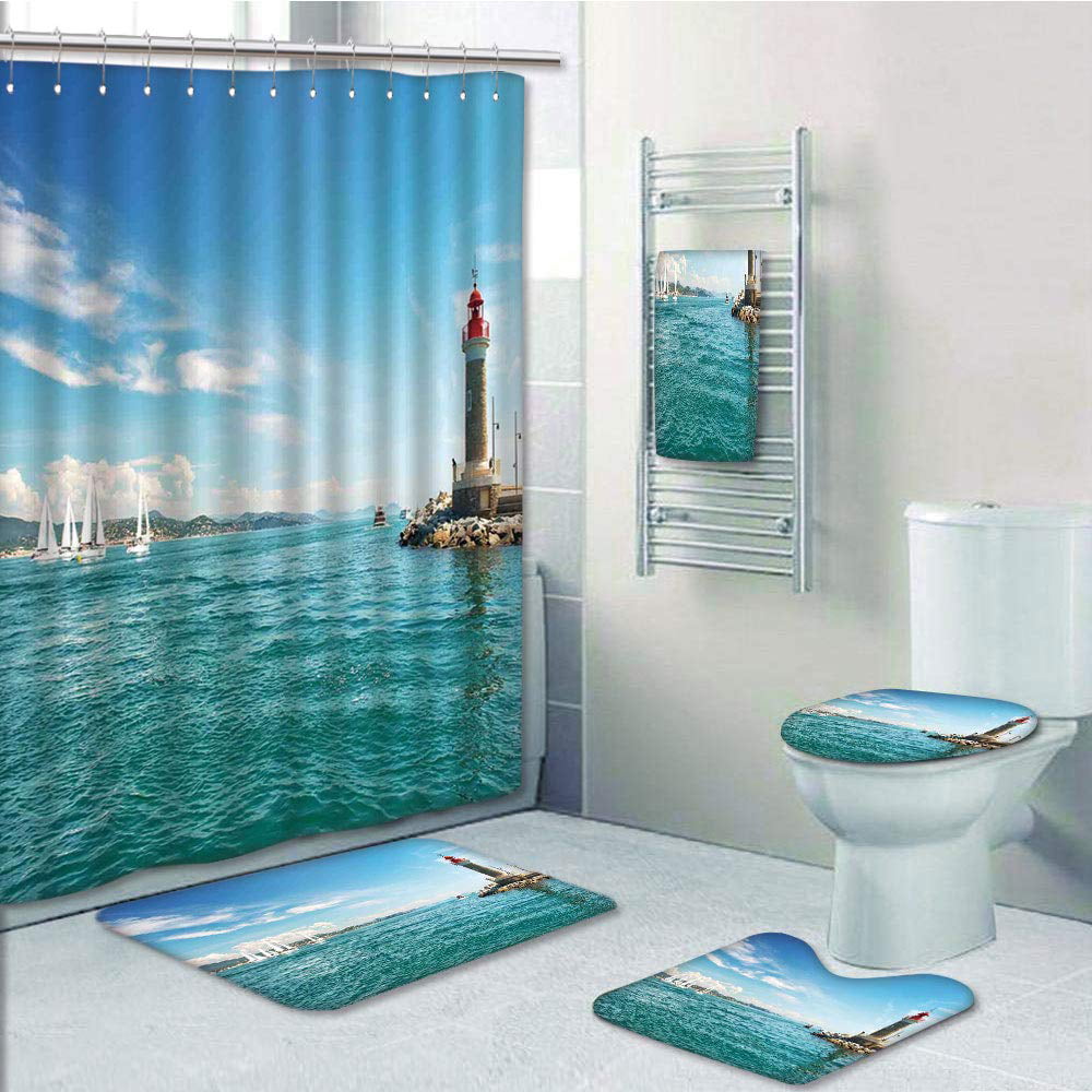 3D Print Sea View Room Green Plant Pool Waterproof Shower Curtain Bath Rugs Set 